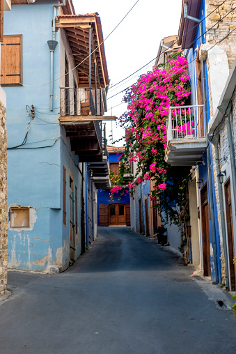 Colourful buildings and flowers in a street of Lefkara in Cyprus