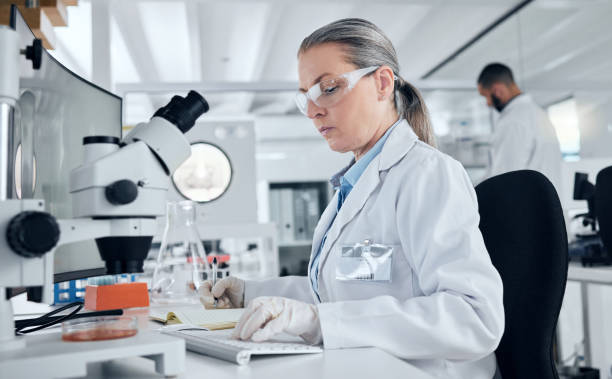 istock Laboratory, microscope and woman typing on computer for medical data, petri dish test results or healthcare cancer research. Mature scientist, worker or dna science engineer in Sweden with technology 1448372946