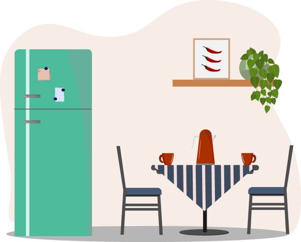 ilustrações, clipart, desenhos animados e ícones de interior do canto da cozinha - geladeira, mesa e cadeiras. - design studio