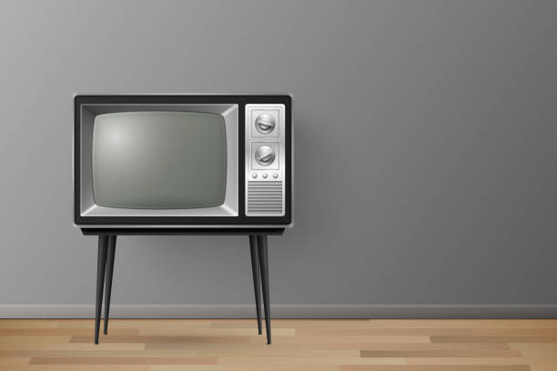 istock Vector 3d Realistic Retro TV Receiver on a Wooden Table Stand. Home Interior Design Concept. Vintage TV Set on the Wooden Floor. Television, Front View 1448374557