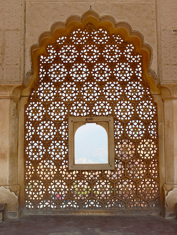 Jaipur,India - Nov-2021:Perforated window at Amber Palace, Jaipur- Rajasthan, India