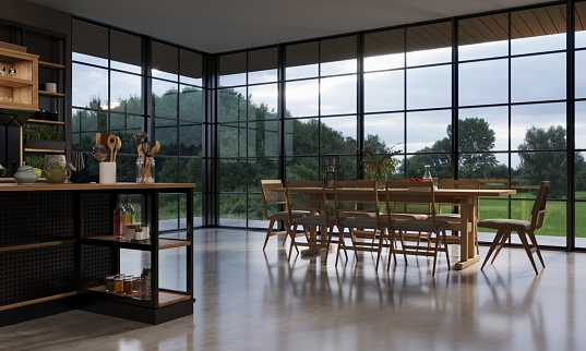 Modern Organic Kitchen and Dinig Room Interior Design. 3D Modelling.