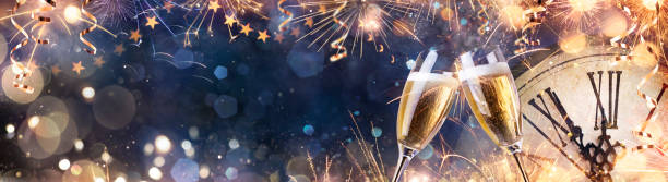 istock Happy New Year - Countdown At Midnight - Toast  With Champagne, Clock And Fireworks 1448377657