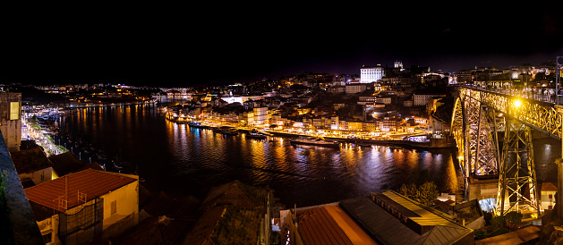 Photo of the Douro river at night with the shores of Porto and Vila Nova de Gaia illuminated