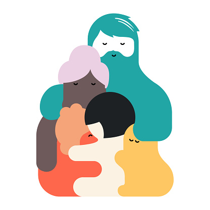 Happy family with kids hug together -family health and wellness -modern flat vector concept digital illustration of a happy family of parents and children
