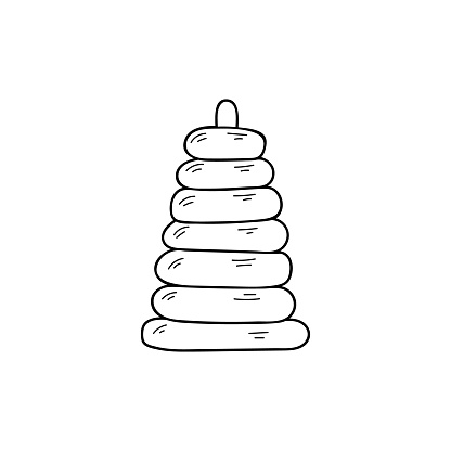 istock Wooden round pyramid of blocks doodle illustration in vector. Wooden pyramid stacking rings toy doodle icon. 1448381253