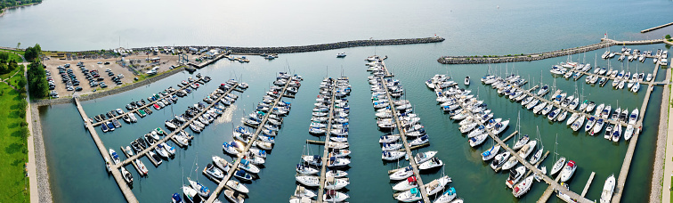 An aerial panorama of the Bronte Marina in Oakville, Ontario, Canada