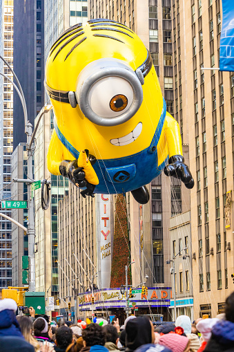 New York, USA - November 24, 2022: Annual Thanksgiving Macys parade with inflated Stuart Minion character