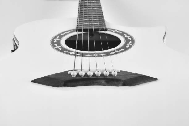istock Front surface close-up of a white electric acoustic guitar isolated on a white background 1448383379