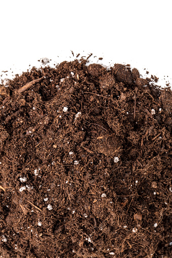 Heap of potting soil (dirt) isolated on a white background - view from above. Space for copy.