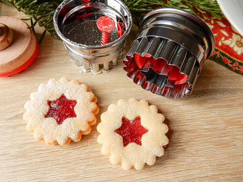 The Christmas bakery, Linz eyes, Linz stars with cookie cutters,\nTradition pastries at Christmas time