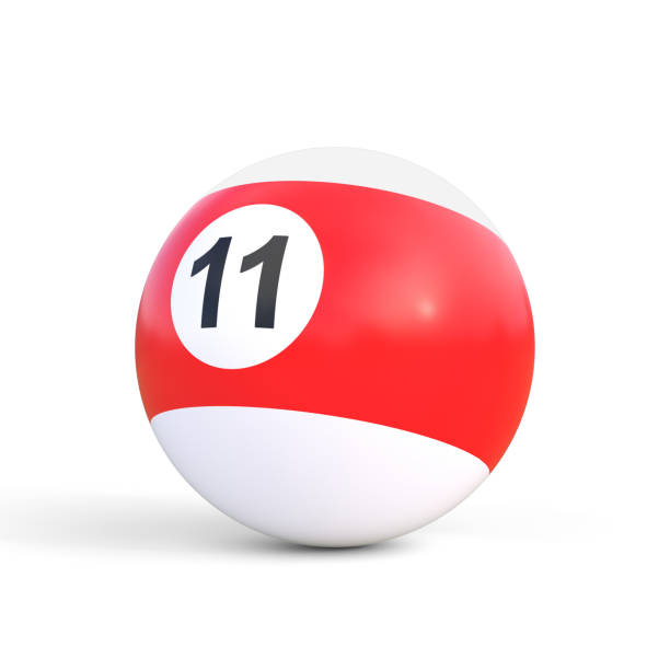bola de billar número once en color rojo y blanco, aislada sobre fondo blanco - bola de billar fotografías e imágenes de stock