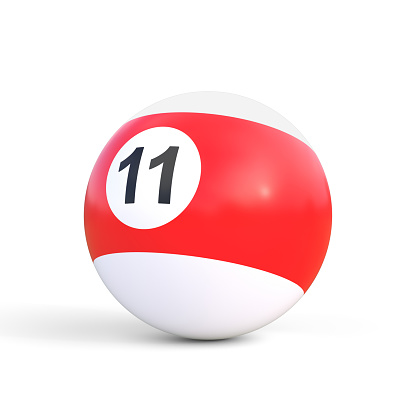 Billiard ball number eleven in red and white color, isolated on white background. Realistic glossy billiard ball. 3d rendering 3d illustration