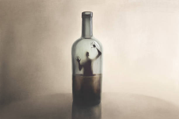 иллюстрация человека, заключенного в бутылку с алкоголем, сюрреалистическая зависимость абстрактное понятие - drunk stock illustrations