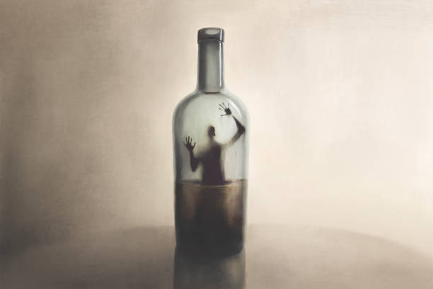 Illustration of man imprisoned in a bottle of alcohol, surreal addiction abstract concept Illustration of man imprisoned in a bottle of alcohol, surreal addiction abstract concept drunk stock illustrations