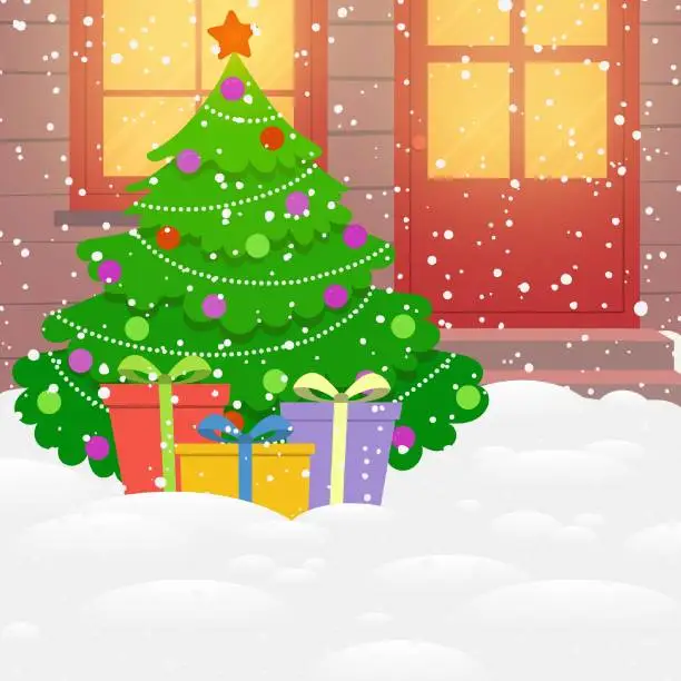 Vector illustration of Christmas tree with gift boxes. New Year background. Vector illustration