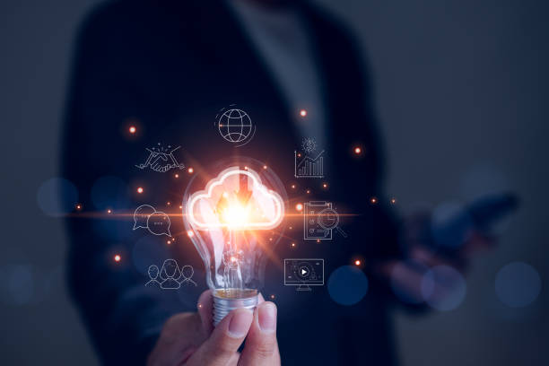 istock Businessman hand holding creative light bulb with icons global Internet connection on plan strategy, big data, Business connection application technology and digital marketing, Financial and banking, 1448388427