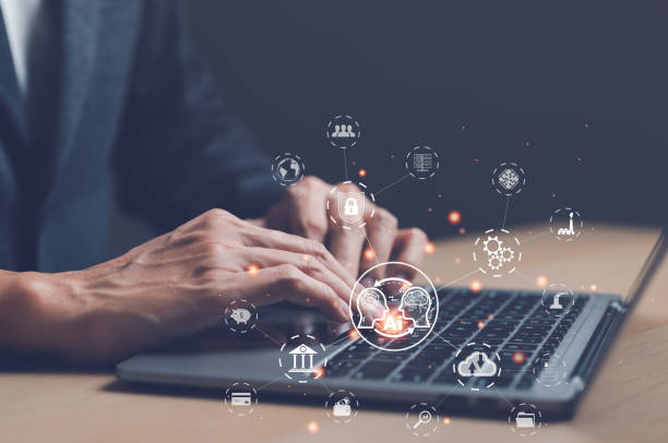 istock Digital transformation change management concept. Businessman using a laptop computer. new technology bigdata and business process strategy, internet of things, cloud computing, Ai technology. 1448388437