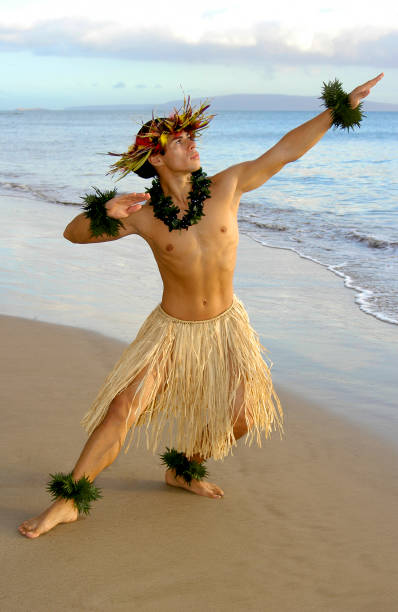 istock Male Hula Dancer performing on the beach next to the waters edge. 1448389467
