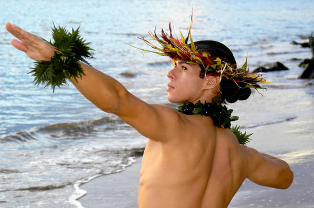 A very handsome male hula dancer poses at sunset on the beach. stock photo