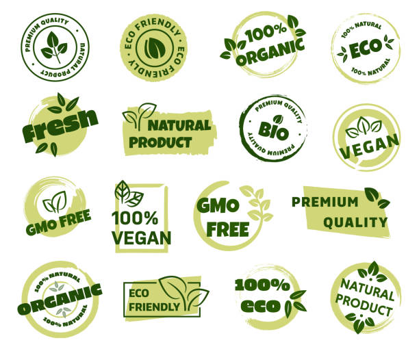 ilustrações, clipart, desenhos animados e ícones de crachás de alimentos saudáveis - 100 organic