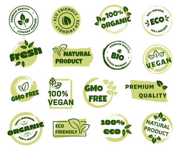 Healthy eating food badges Healthy eating food badges. Vector illustration. freshness stock illustrations
