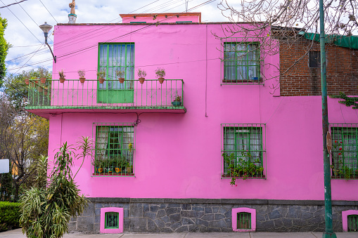 Mexico City Mexico - February 12 2022: A pink house in Mexico City's Coyoacan Neighborhood