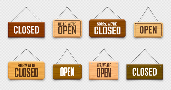 Wooden open or closed hanging signboards. Made of wood door sign for cafe, restaurant, bar or retail store. Announcement banner, information signage for business or service. Vector illustration.