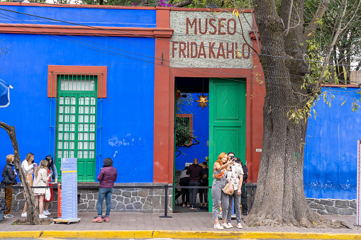 Mexico City, Mexico - February 12, 2022:  Outside the Frida Kahlo Museum in Coyoacan