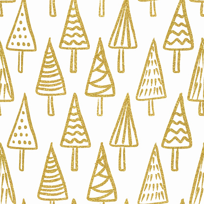 Gold Glittering Christmas Trees Seamless Pattern. Christmas, New Year Greeting Card Design Element.