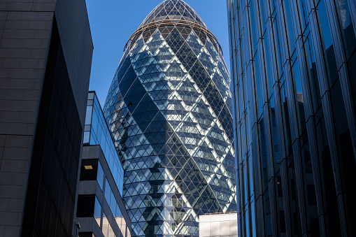 30 St Mary Axe, known as the Gherkin, commercial skyscraper in London's financial district. It was designed by Norman Foster and Arup Group.