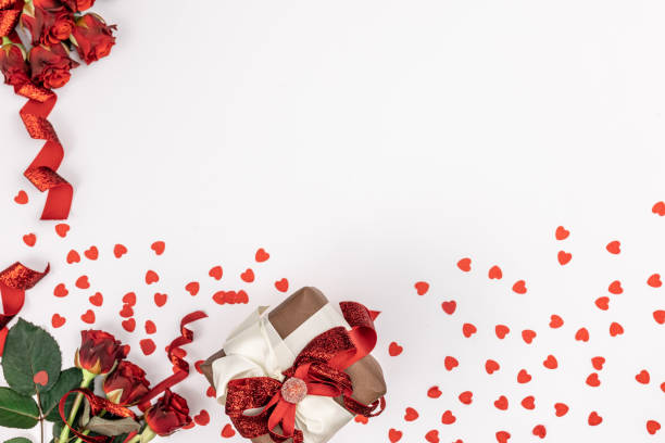 istock Flat lay, white background with gift box and valentine's day decor details. 1448393518