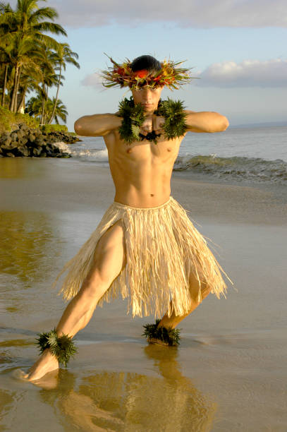 мужчина гавайского танцора хула принимает сильную позу. - hawaii islands maui hula dancing hula dancer стоковые фото и изображения