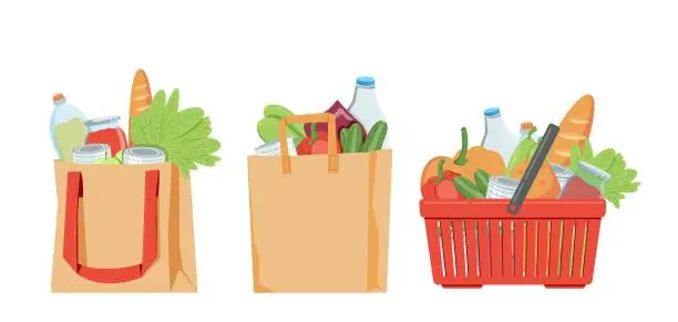 Vector illustration of Bags and baskets flat vector illustrations. Grocery shopping, paper and plastic bags, turtle food bags.