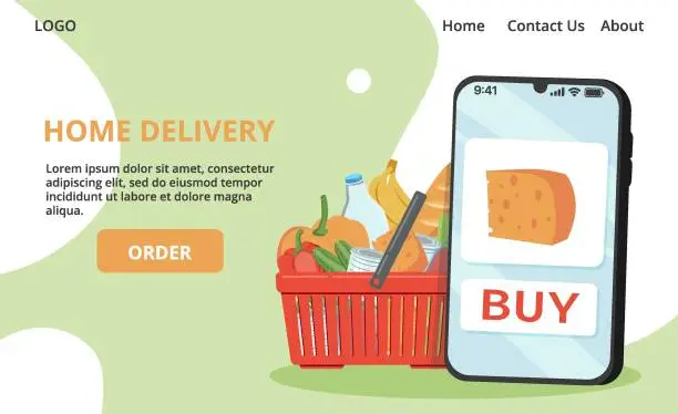 Vector illustration of Web page design template for grocery store, online market, home delivery. Vector illustration for poster, banner.