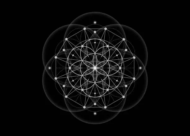 Vector illustration of Sacred Geometry, Flower of Life, lotus flower mandala. White Neon vintage logo Symbol of Harmony and Balance, Glowing Geometrical Ornament, yoga relax, vector isolated on black background