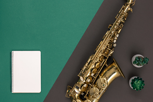 Minimalistic green background with saxophone and notepad, top view, copy space.