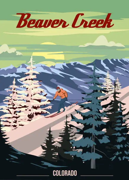 Vector illustration of Beaver Creek Ski Travel resort poster vintage. Colorado USA winter landscape travel card