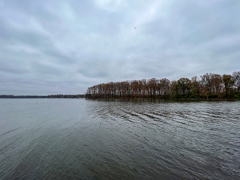 Looking out over the dark lake waters to an island populated with bare winter trees. Soft cloudy overcast sky looms above.