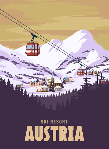 Austria Ski resort poster, retro. Alpes Winter travel card, red gondola lift, vintage. Vector illustration
