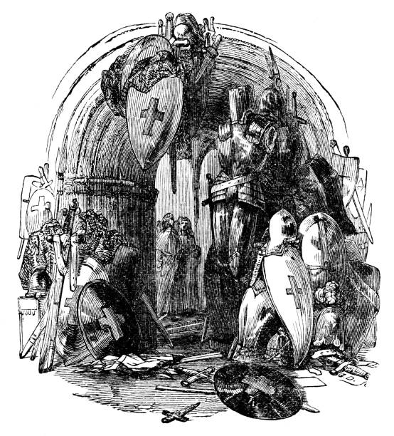 Medieval Armory, Christian becomes a Knight in Pilgrim's Progress, 17th Century British Literature A medieval armory. Christian enters to become a Medieval knight before he leaves to  battle (spiritually) against Apollyon. In the allegory Pilgrim's Progress, Apollyon represents worldly carnal forces The author is referencing the Book of Revelations where Apollyon is the king of army of locus, which cause destruction. Illustrations are Wood Engravings by William Harvey for Pilgrim’s Progress by John Bunyan (William L. Allison Co. Publishers: NY) published in 1856. The first edition is in my private collection. Copyright is in public domain. excalibur stock illustrations