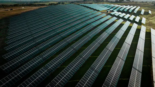 Photo of Aerial images of solar power plant implemented in the plains of southern Portugal.