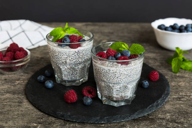 istock Healthy breakfast or morning with chia seeds vanilla pudding raspberry and blueberry berries on table background, vegetarian food, diet and health concept. Chia pudding with raspberry and blueberry 1448400533