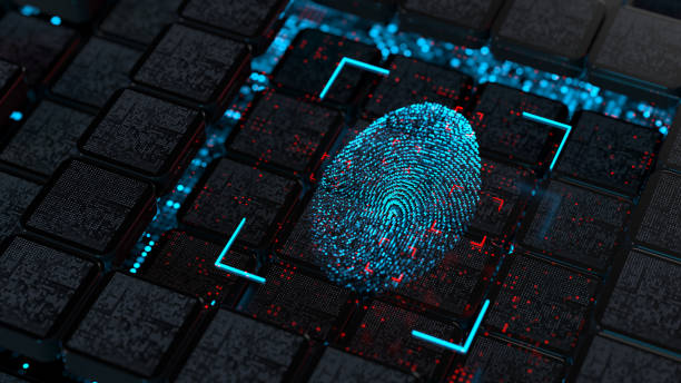Digital background security systems and data protection. Person biometrics identity by fingerprint Digital background depicting innovative technologies in security systems, data protection Internet technologies 3d rendering fingerprint stock pictures, royalty-free photos & images