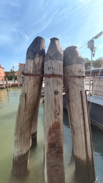 Sea view, wooden bridge and pillars at the sea pier, Venice, Italy Sea view, wooden bridge and pillars at the sea pier, Venice, Italy baseball rundown stock pictures, royalty-free photos & images