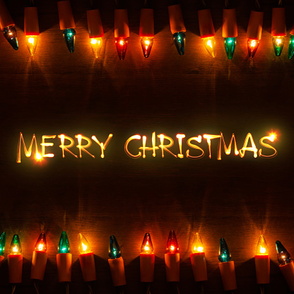 Merry Christmas. Vintage Lights and Light Painted Wishes