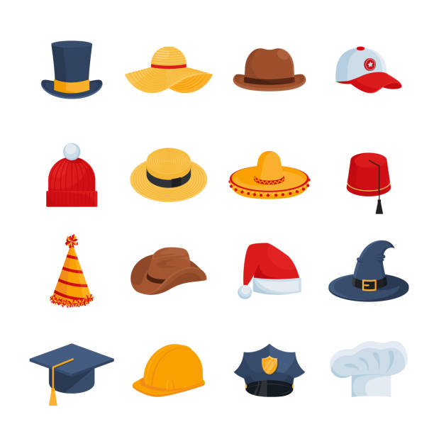 illustrazioni stock, clip art, cartoni animati e icone di tendenza di set di cappelli - cappello