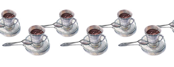 ilustraciones, imágenes clip art, dibujos animados e iconos de stock de taza de acuarela de borde sin costuras de chocolate caliente con cuchara sobre fondo blanco. bebida dulce de invierno para una linda noche. postre creativo para libro de cocina o cocina. borde para pegatina, papel tapiz o envoltorio - chocolate cocoa hot chocolate backgrounds