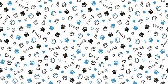 Seamless dog pattern with paw prints, bones, hearts and balls. Cat foot texture. Pattern with doggy pawprint and bones. Dog texture. Hand drawn vector illustration in doodle style on white background.