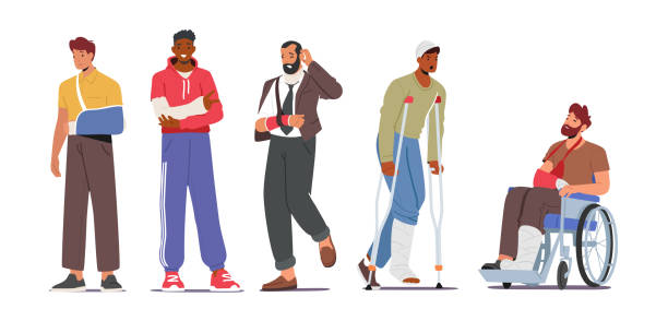 stockillustraties, clipart, cartoons en iconen met set of men with fracture isolated on white background. male characters with broken legs and arms wear bandage - lichamelijk letsel